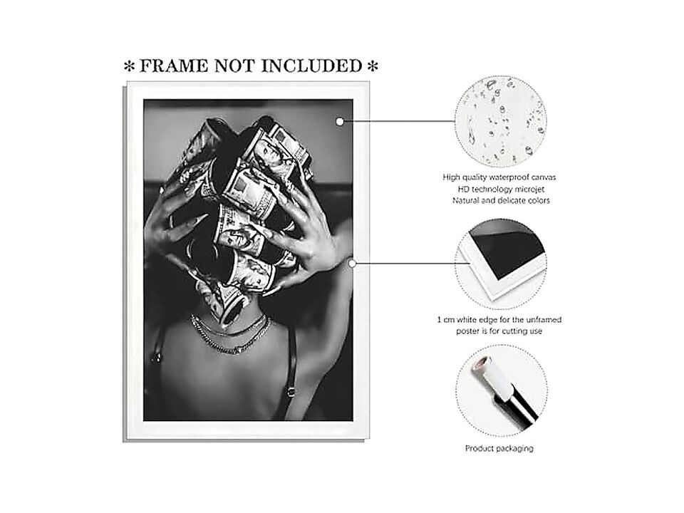 Trendy Black White Wall Art Luxury Money Hair Rollers Woman Poster Retro Bold