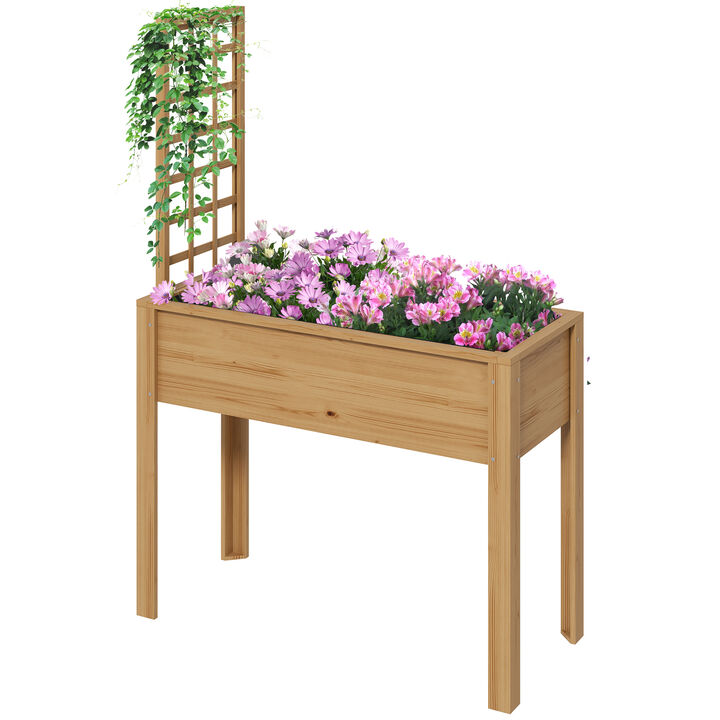Outsunny Raised Garden Bed with Trellis for Climbing Plants, Elevated Wood Planter with Drainage Holes, Filter and Legs for Vegetable, Flowers, Natural