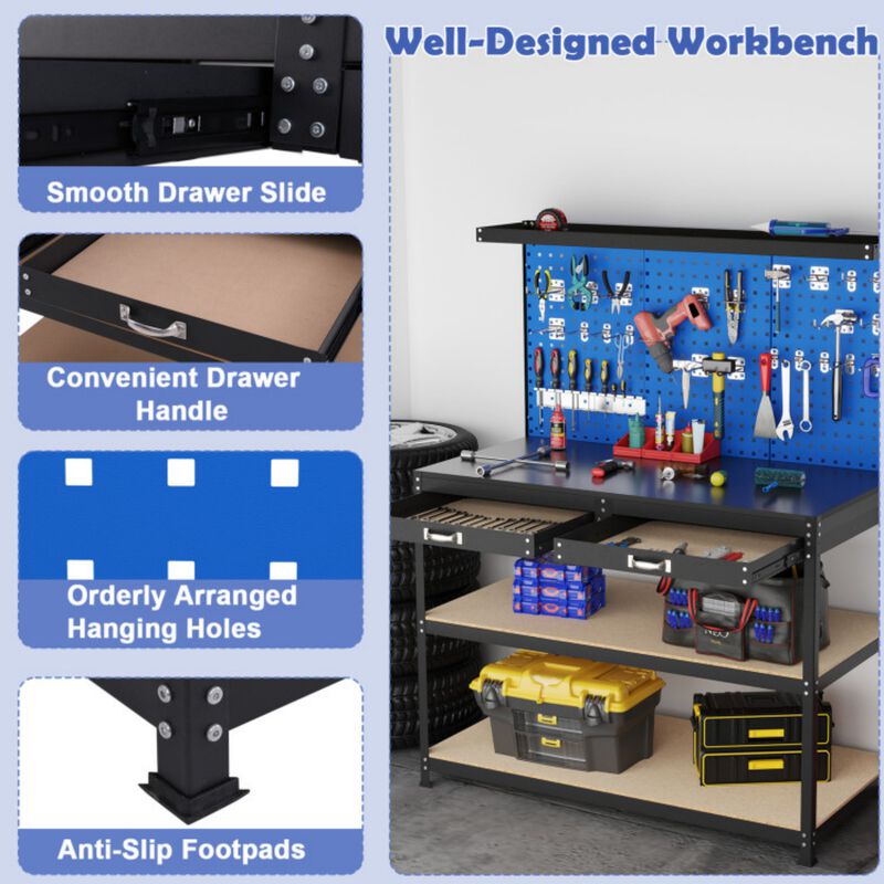 48" Heavy Duty Workbench with 3 Pegboards, Drawers and Shelves for Garage Workshop image number 4