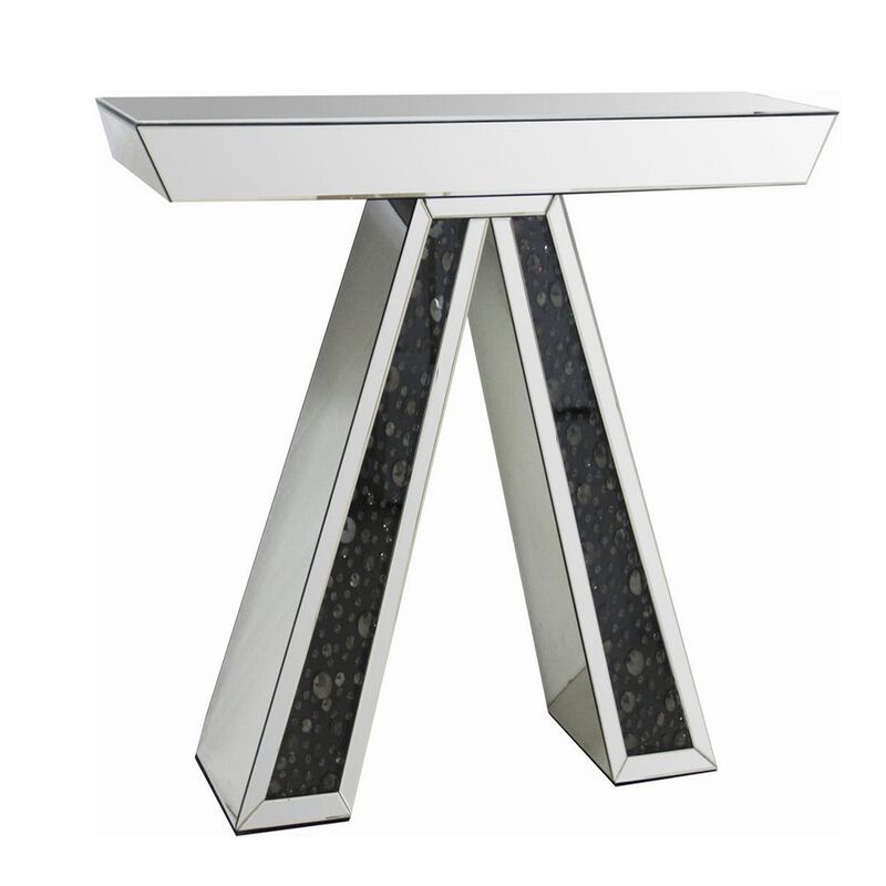 Wood and Mirror  Console Table with a Reverse V shaped Base, Clear and Black-Benzara image number 1