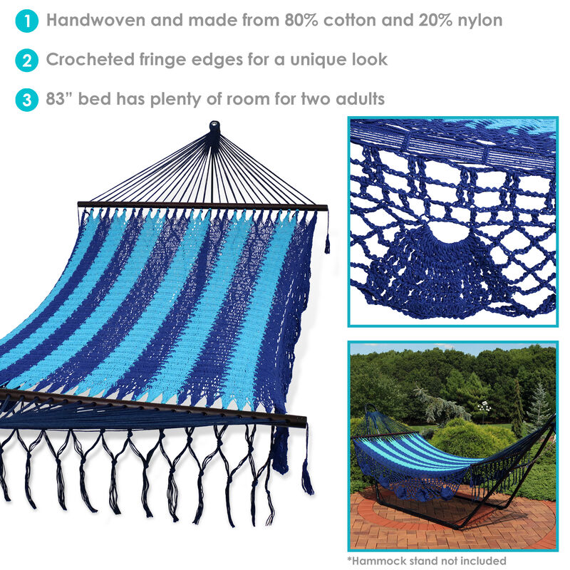 Sunnydaze 2-Person Woven Rope Hammock with Spreader Bars and Fringe