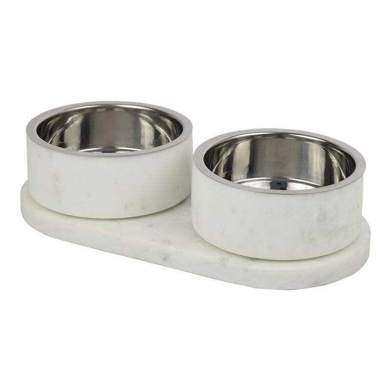 Marbre Modern Weighted Double Marble and Stainless Steel Bowl 12oz (1.5 Cups) Feeder with Non-Slip Marble Tray Set image number 4