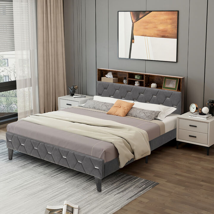 Full/Queen Size Upholstered Bed Frame with Storage Headboard