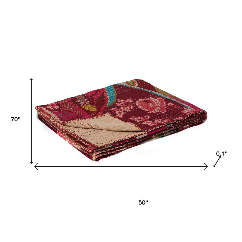 HomeRoots 50" X 70" Red Floral Cotton Quilted Kantha Throw Blanket with Embroidery image number 3