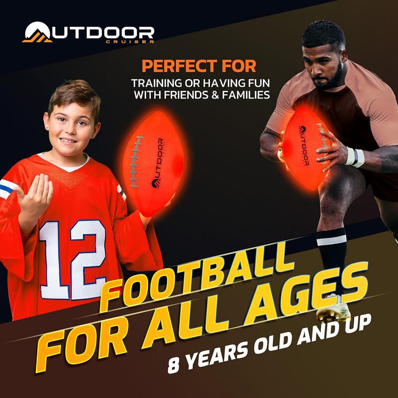 Outdoor Cruiser Light Up Football - Waterproof Rubber Construction, Glow in the Dark, Glows Up to 30 Hrs with Tap Activation, Complete Set with Pump & Spare Batteries, Official Size 6, For Ages 8-15