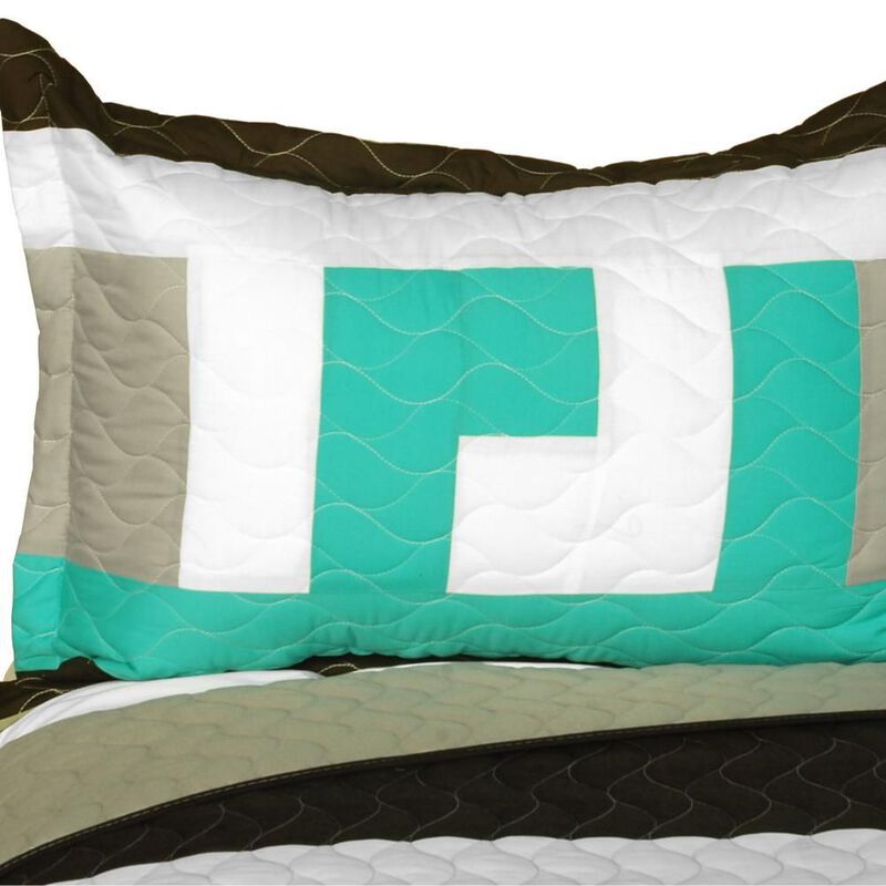 3 Piece Geometric Patchwork Quilt Set Queen Size with Vermicelli Quilted Design-Grey image number 4