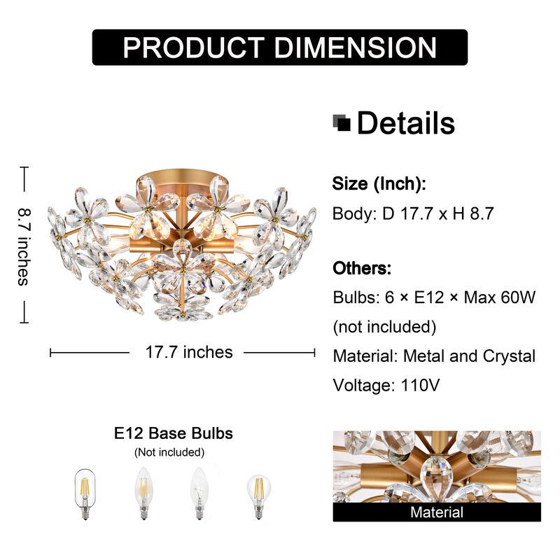 Amira Glossy Brass 6-Light 17.7" Glass Flower Crystal Flush Mount image number 6