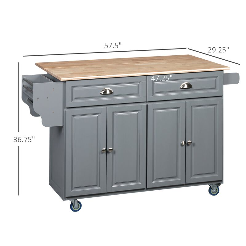 Rolling Kitchen Island on Wheels Utility Cart with Drop-Leaf and Rubber Wood Countertop, Storage Drawers, Door Cabinets, Dark Grey