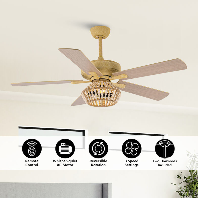 52" BohoSand Gold Cage Ceiling Fan with Remote and Light Kit