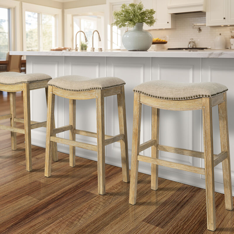 Hivvago 31 Inch Linen and Natural Solid Wood Backless Bar Height Bar Chair