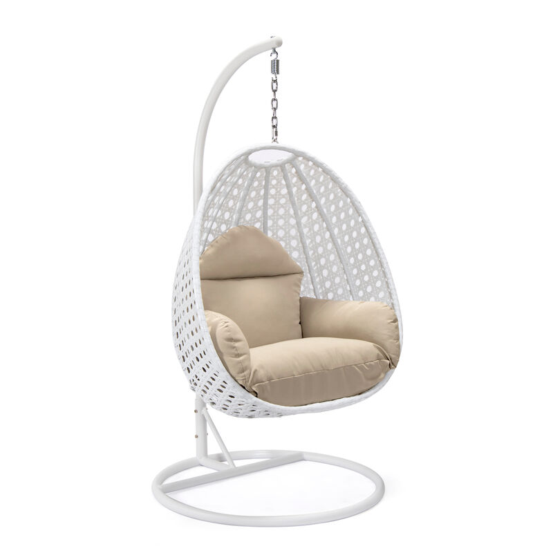 LeisureMod White Wicker Hanging Egg Swing Chair - Modern Outdoor Patio Chair for Porch, Balcony & Garden | Comfortable, Stylish, Durable