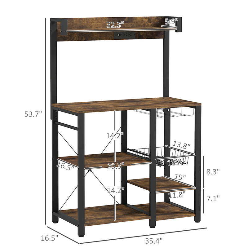 HOMCOM LED Baker's Rack with Charging Station, Glass Holders, Rustic Brown