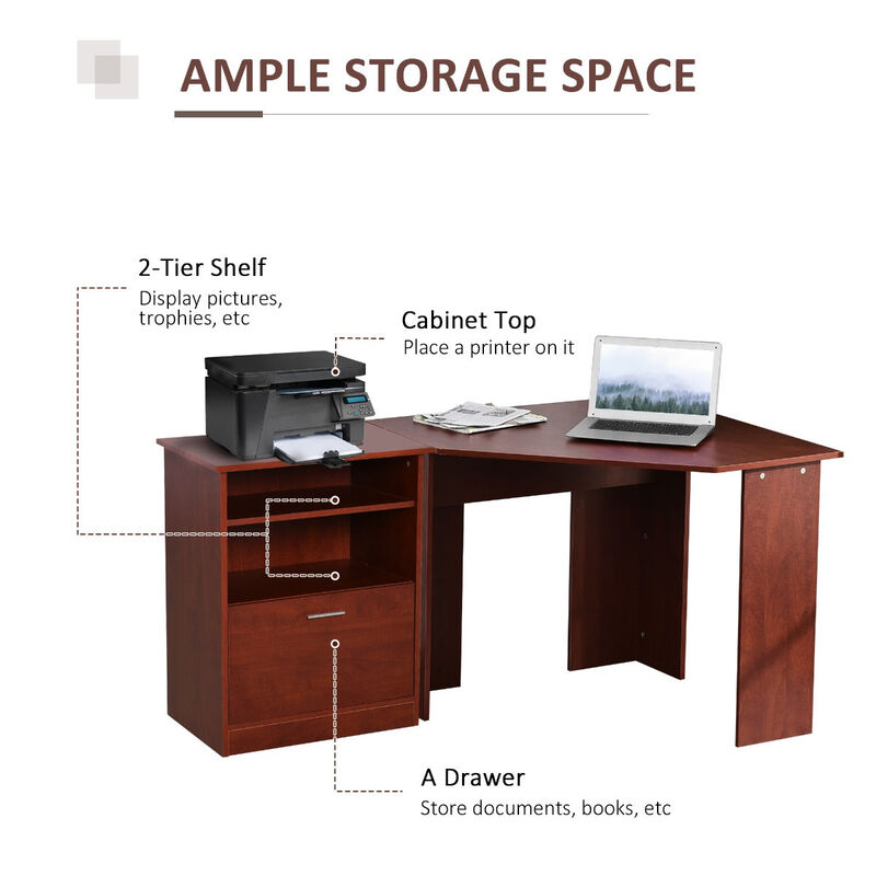 Computer Desk with Printer Cabinet, L-Shaped Corner Desk with Storage, Study PC Workstation for Home Office, Cherry