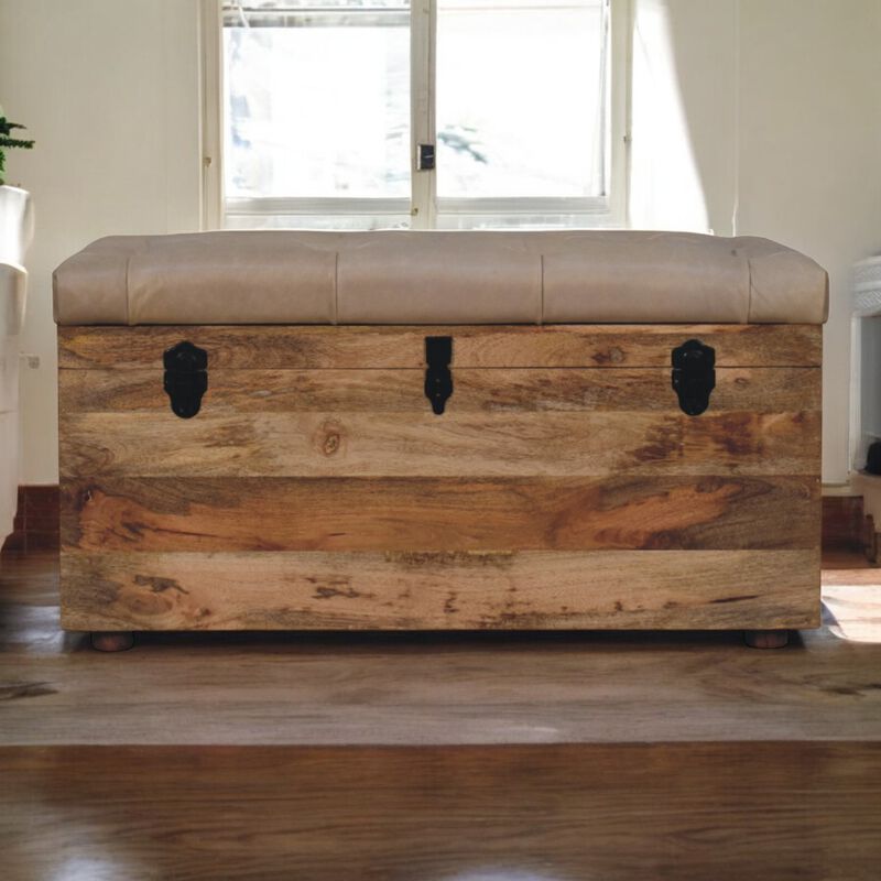 Artisan Furniture Solid Wood Beige Buffalo hide leather Storage Trunk