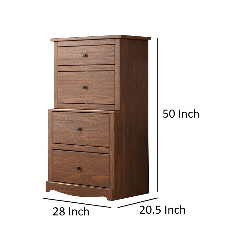 Stav Tall Dresser Chest with 4 Drawers, Plank Style, Brown Solid Wood - Benzara