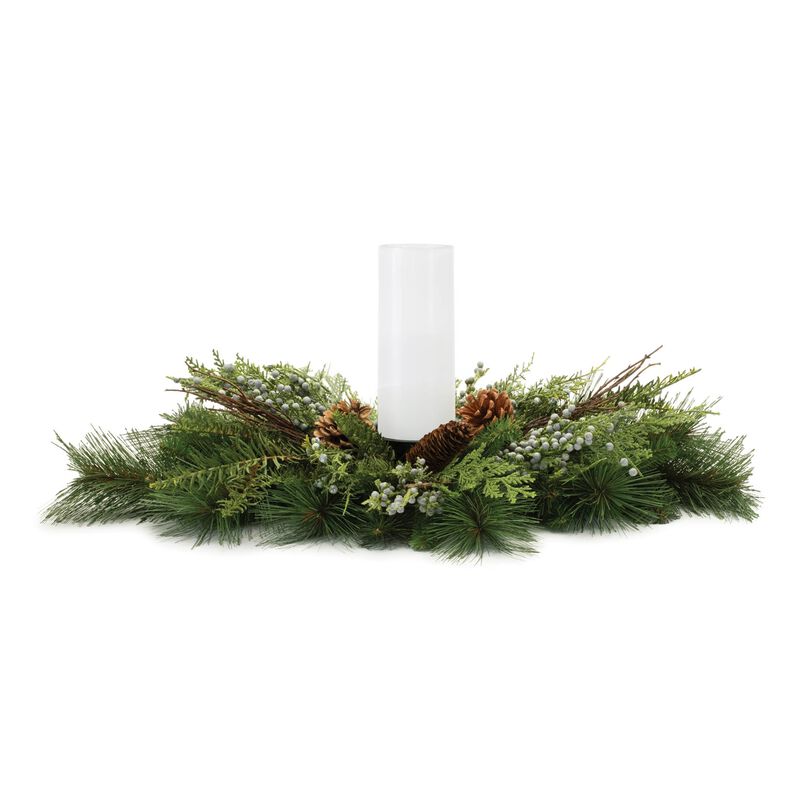 Mixed Pine and Juniper Candle Holder for Holiday Centerpieces or Tabletop Decor