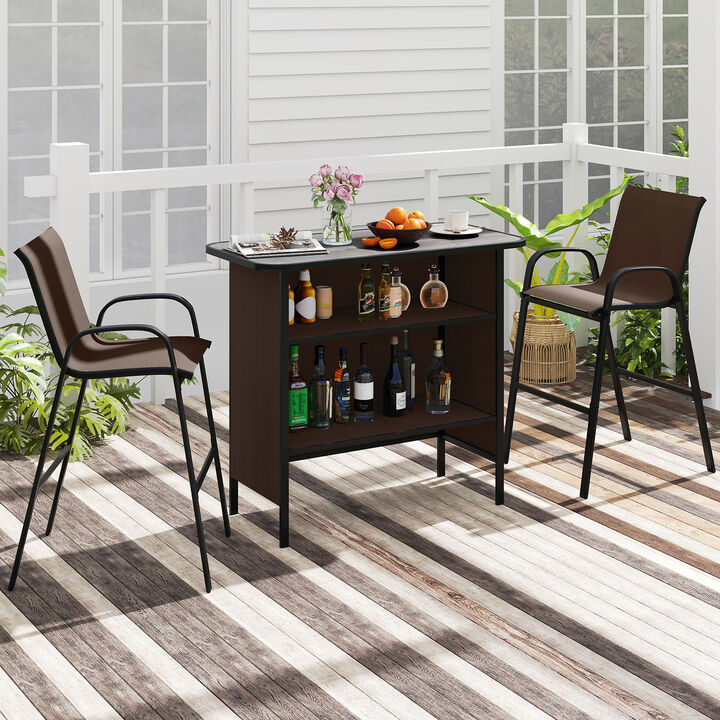 Outdoor 3 Piece Bar Set with Footrest and 2 Tier Storage Shelf