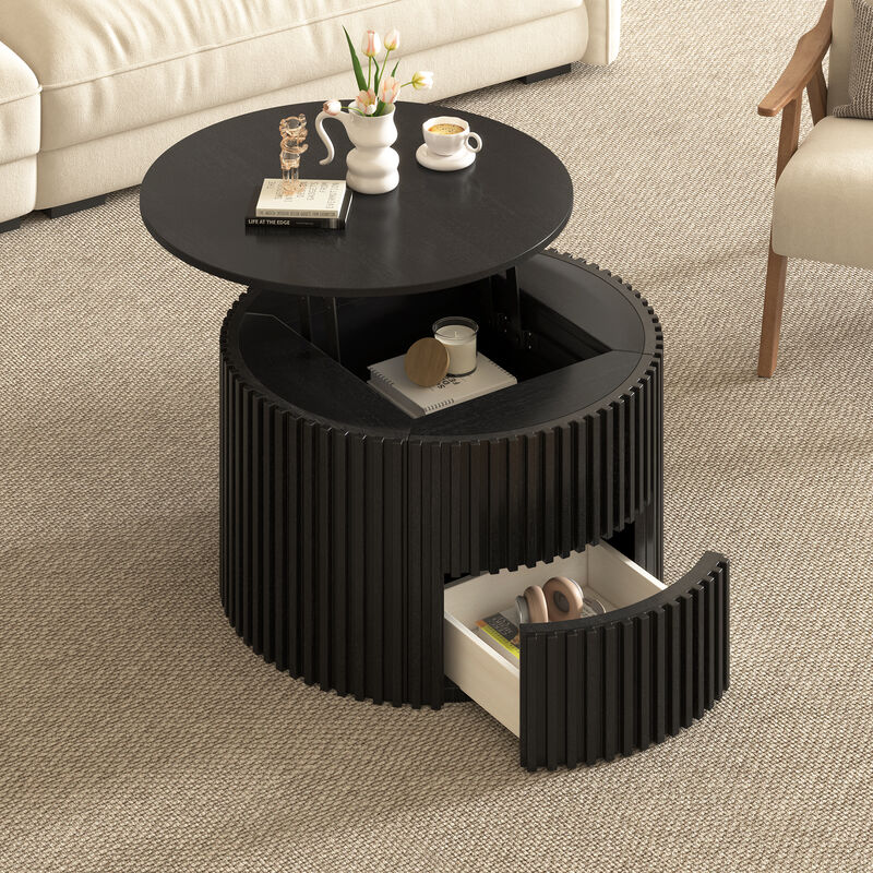 Merax Height-Adjustable Round Coffee Table with Smooth Lift Mechanism, Concealed Storage image number 3