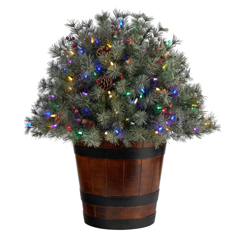 Nearly Natural 26-in Flocked Artificial Christmas Shrub with Pinecones, 150 Multicolored LED Lights and 280 Bendable Branches in Decorative Planter