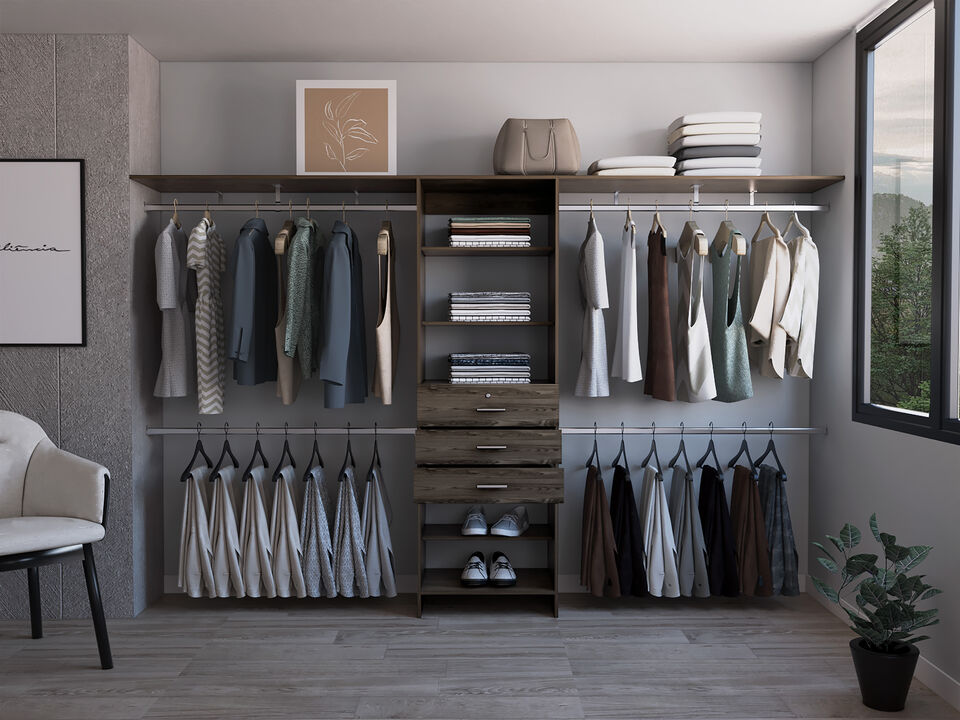 DEPOT E-SHOP Zamora 69"W - 118"W Closet System, Four Hanging Rods, Three Drawers, Five Shelves, Dark Walnut