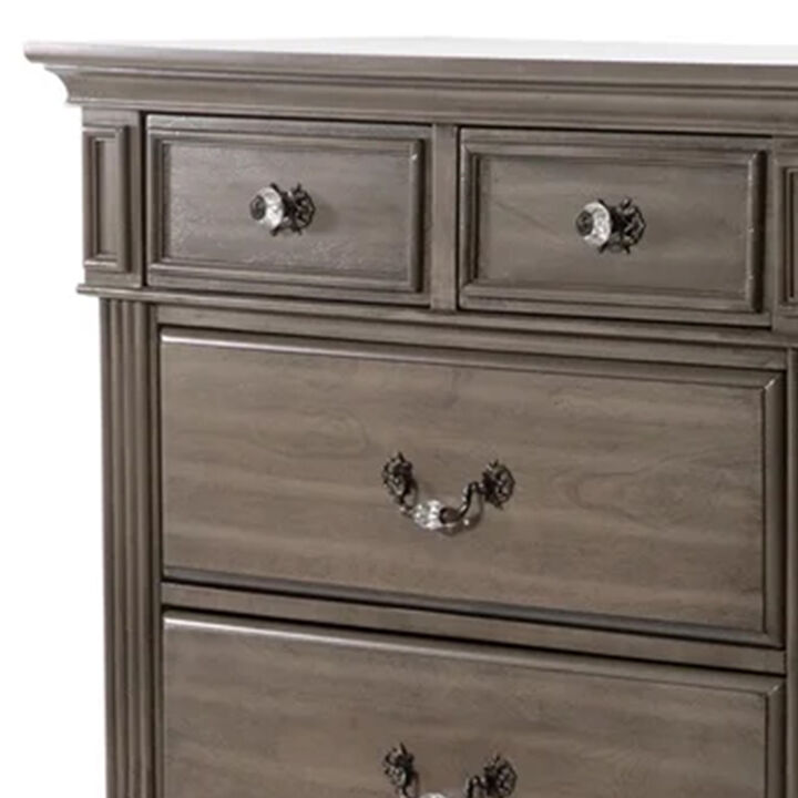 Recus Tall Dresser Chest, 6 Drawers w Brass Handles, Gray Solid Wood