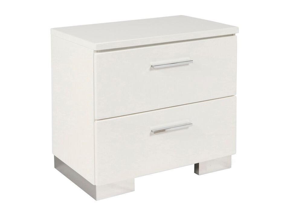 2 Drawer Wooden Nightstand with Metal Base and Bar Handles, White-Benzara