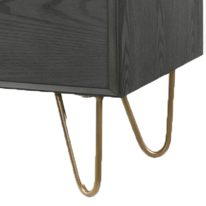 2 Drawer Wooden Nightstand with Hairpin Metal Legs, Gray and Gold-Benzara