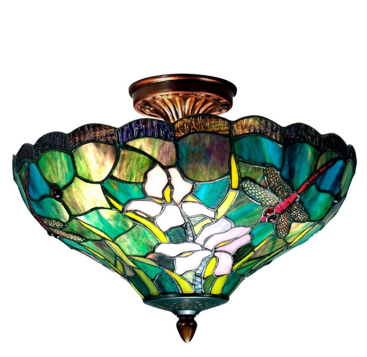 14" Antique Brass Savannah Hand Crafted Glass Tiffany-Style Flush Mount Ceiling Light Fixture