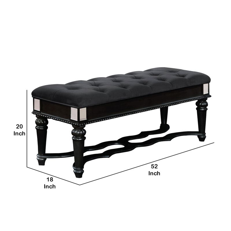 Fabric Padded Bench with Deep Button Tufting and Turned Legs, Black-Benzara