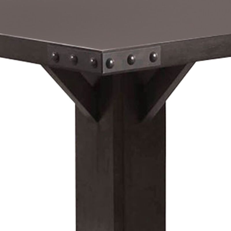 Square Wooden Dining Table with Pedestal Base and Metal Accents, Brown-Benzara image number 1