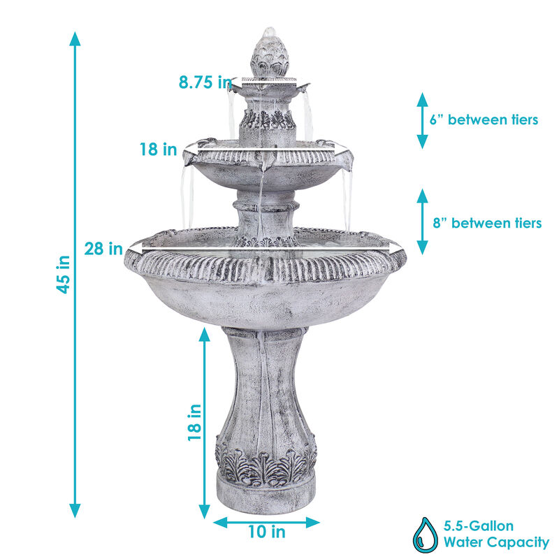 Sunnydaze Mediterranean Reinforced Concrete Outdoor 3-Tier Water Fountain