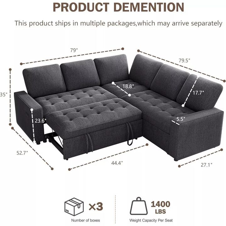 Vipbear 79" 5-Seat L-Shaped Sectional Sleeper Sofa Bed, Chenille Pull-Out Couch with Backrest