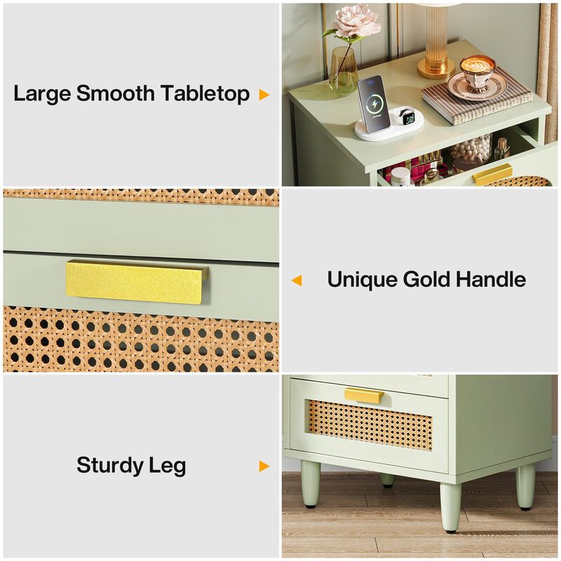 Bedside Table with 3 Drawers, Rattan Nightstand Storage Cabinet-Green image number 7