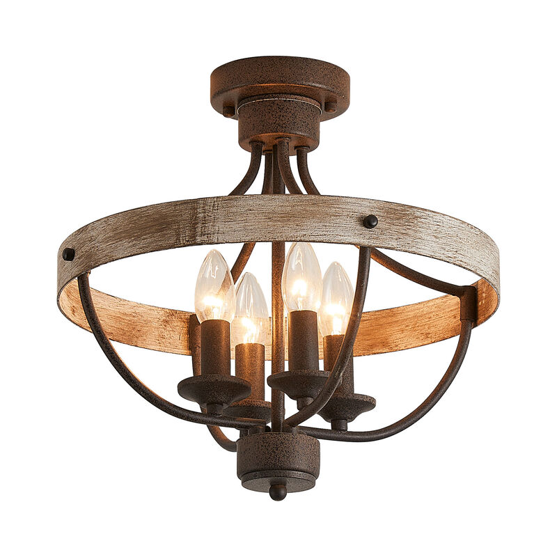4-Light Rusted Brown Wheel Wood Semi-Flush Mount Ceiling Light