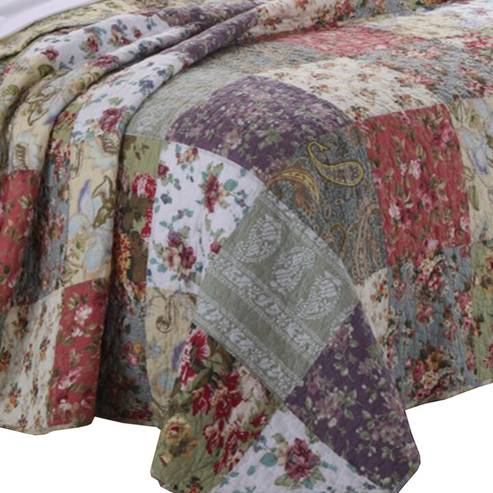 Chicago 3 Piece Fabric King Bedspread Set with Jacobean Prints, Multicolor - Benzara