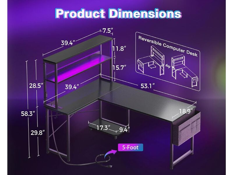 Gaming Desk &ndash; 53" Black L‑Shaped Computer Table with LED, Power Outlet & Storage image number 2
