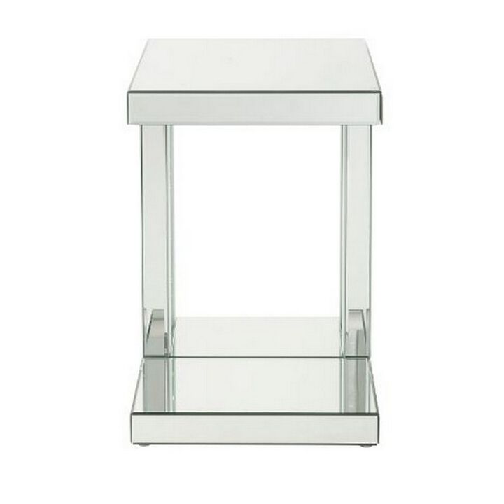 Mirrored Accent Table with C Shape and Faux Crystals, Silver-Benzara