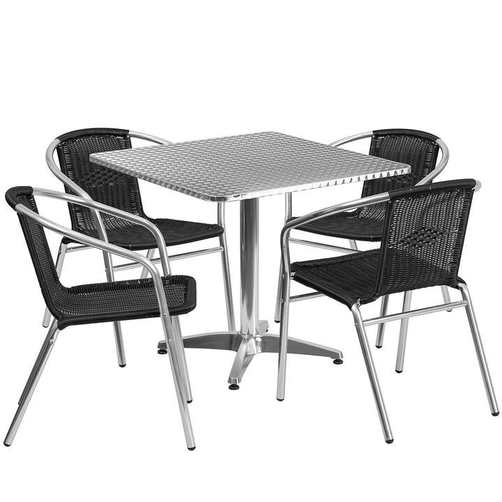 Flash Furniture 31.5'' Square Aluminum Indoor-Outdoor Table Set with 4 Black Rattan Chairs