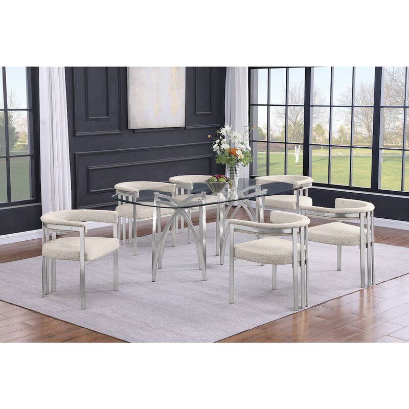 Best Quality Furniture 7Pc Tempered Glass Dining Table Set With 6 Cream With Matte Silver Side Chairs