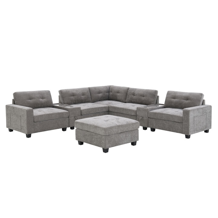 Merax Chenille Modular Sectional Sofa with Dual Consoles