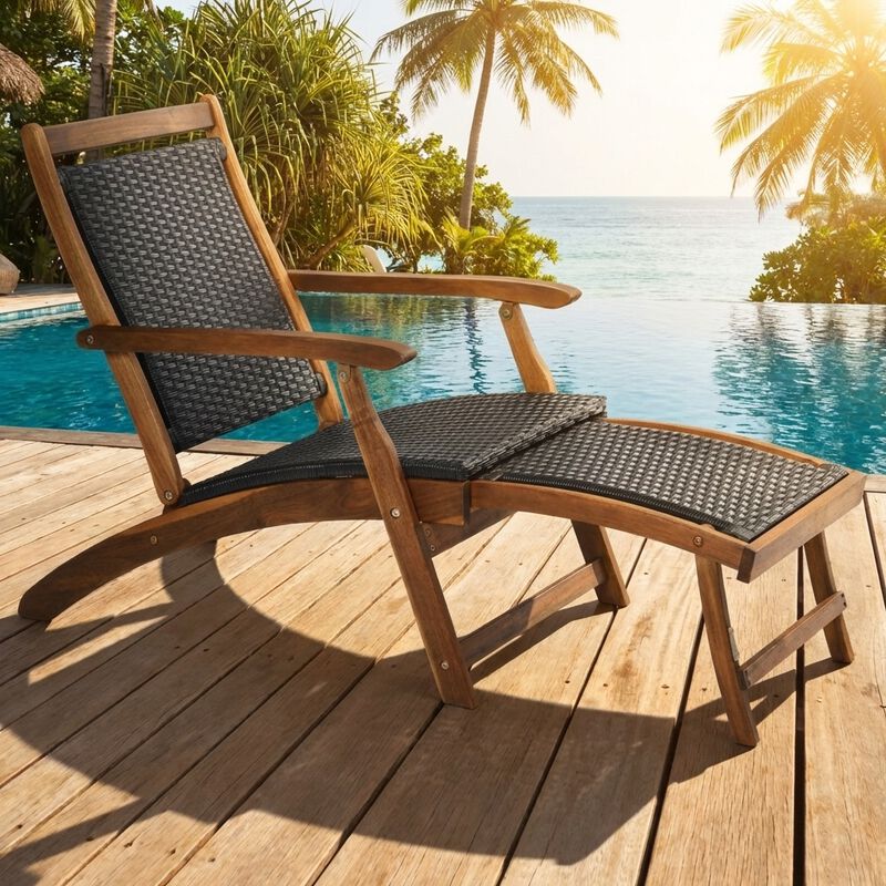 Set of 2 Folding Patio Rattan Lounge Chairs with Acacia Wood Frame and Footrest image number 5