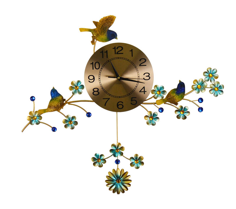HomeRoots 24" Blue Green And Gold Metal Silent Pendulum Floral Wall Clock image number 0