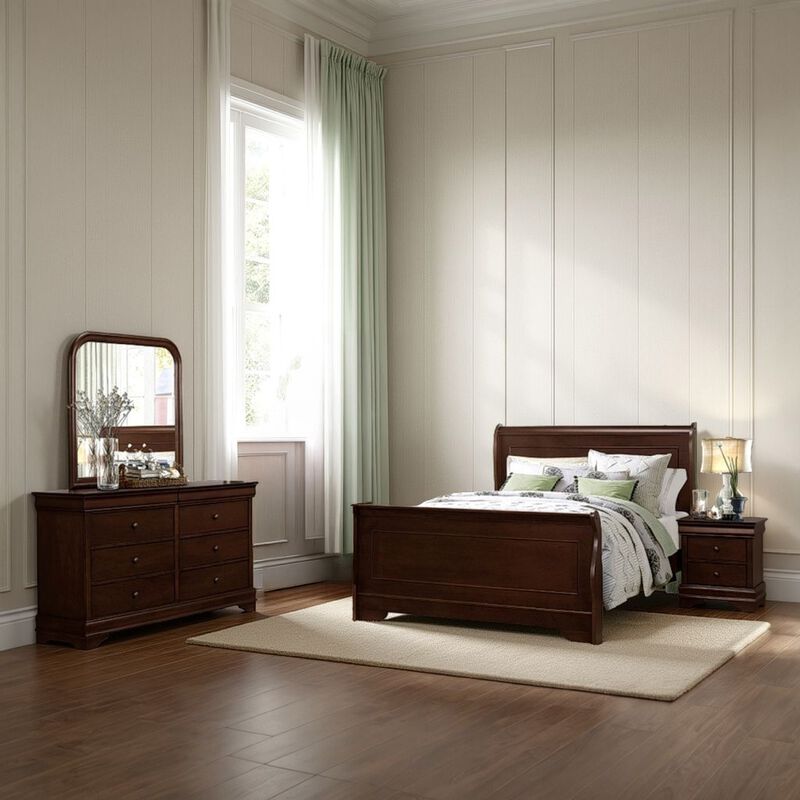 Yoshi Four Pc Queen Bedroom Set, Sleigh Style, Hidden Jewelry Drawers, Cherry Brown - Benzara