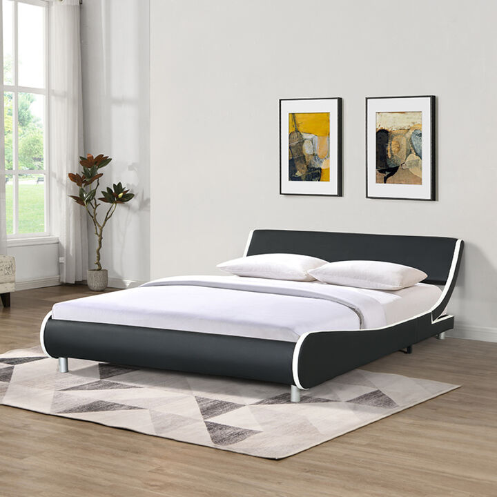 PU Leather Upholstered Platform Bed Frame, Curve Design, Wood Slat Support, No Box Spring Needed, Easy Assemble, Queen Size, Black and White