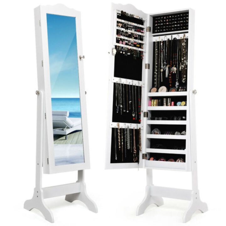 4-Angle Tilting Mirrored Lockable Jewelry Cabinet with Large Storage Capacity-White