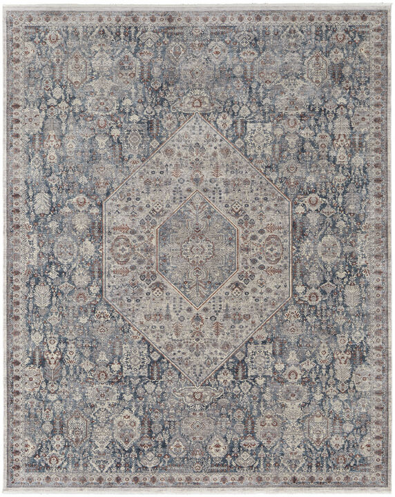 4 X 6 Blue And Ivory Floral Power Loom Stain Resistant Area Rug