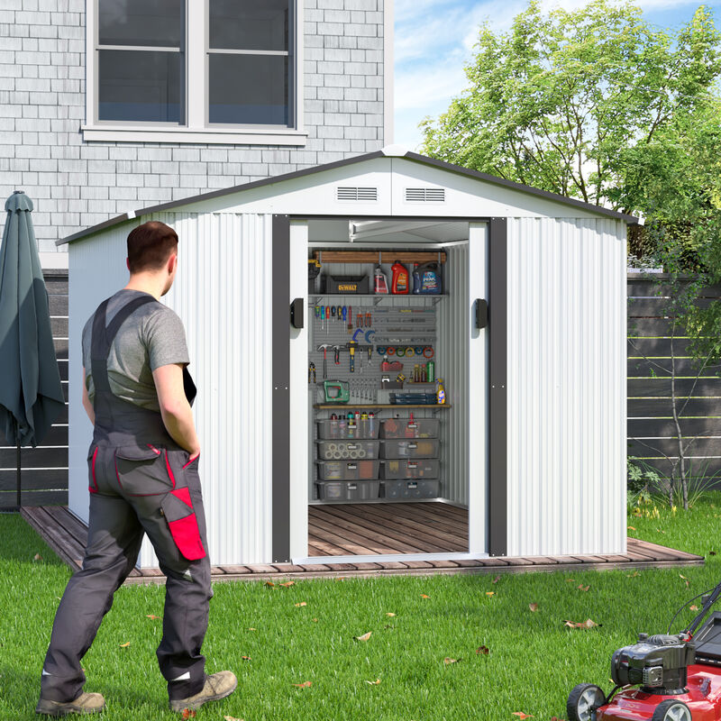 8’ x 8’ Outdoor Gable Steel Storage Shed Large Tool Organizer for Backyard Garden Furniture