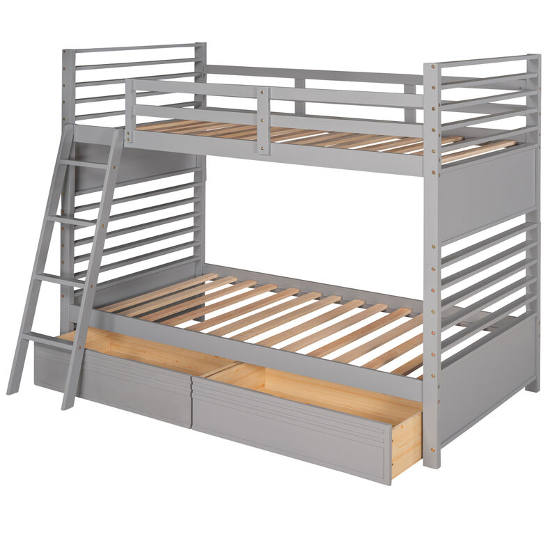 Twin Over Twin Wood Bunk Bed With Two Drawers