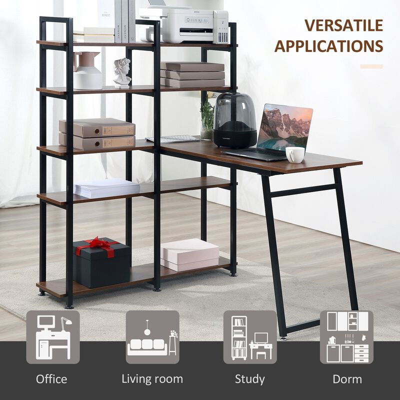 Black/Walnut Study Station: 5-Tier L-Shaped Desk with Display Shelves