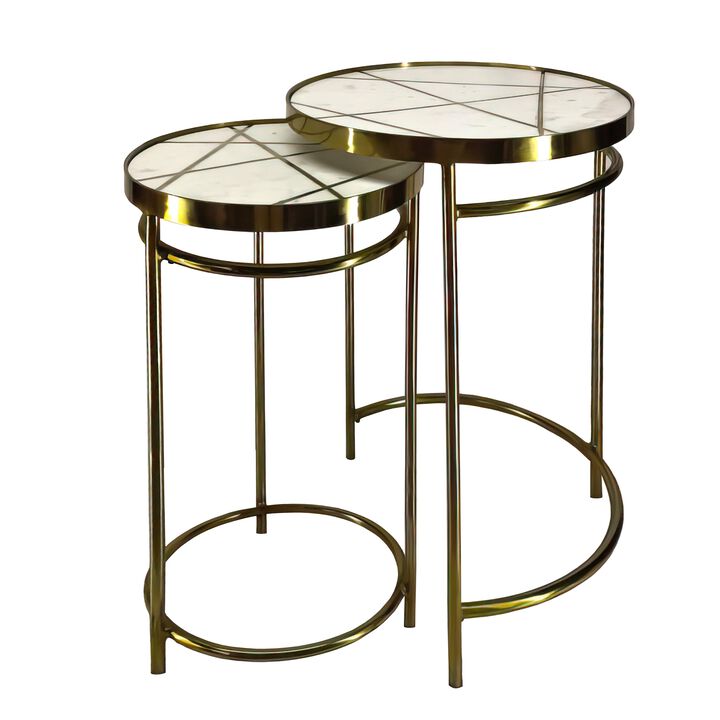 22, 20 Inch Round 2 Piece Marble Top Nesting End Table Set with Metal Frame, Brass Inlay, White-Benzara